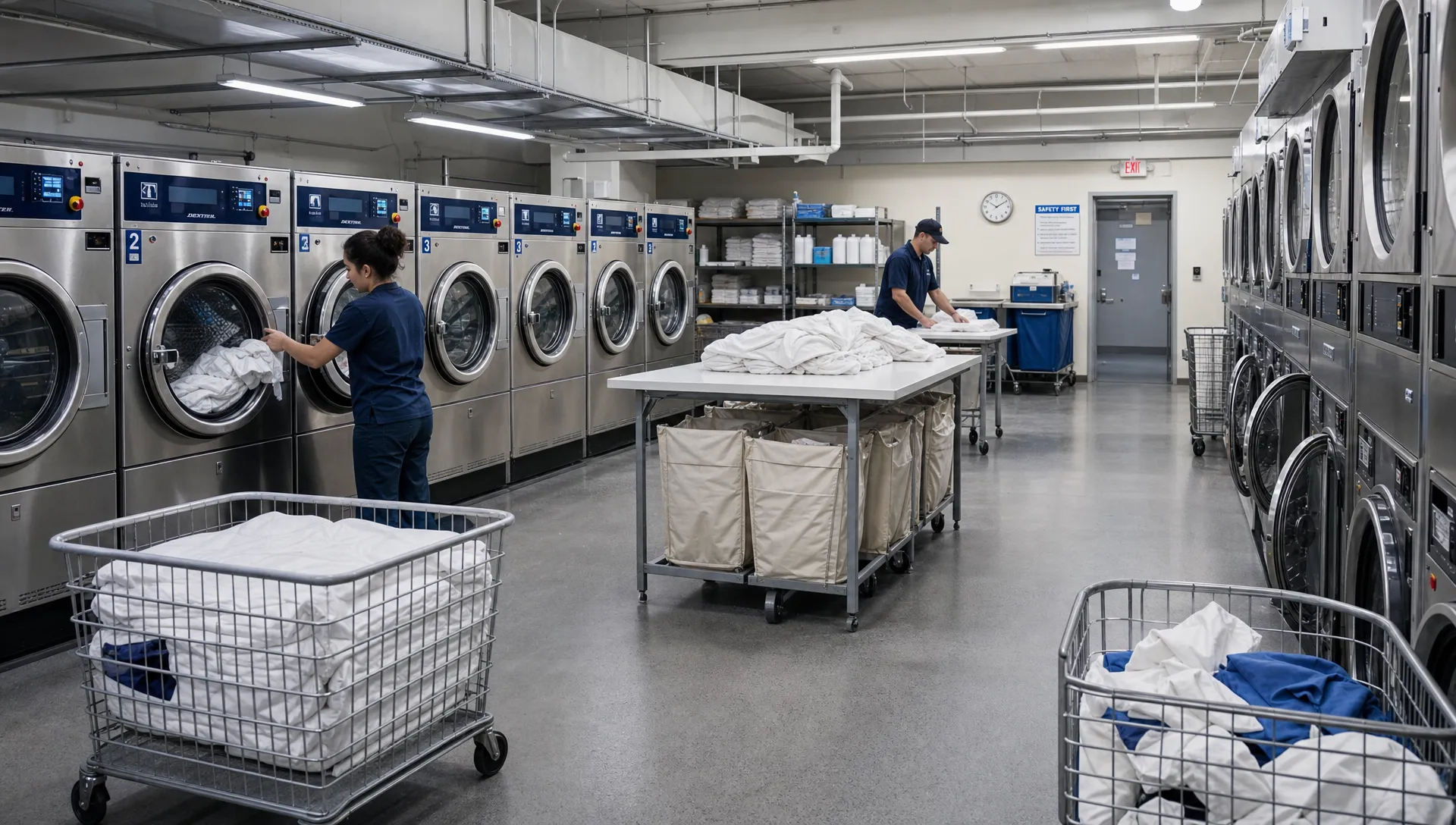 Speed Queen laundry equipment in a well-organized commercial laundry room with rows of heavy-duty washers and dryers, linen carts, clear service access around machines, and staff preparing sorted laundry for processing.